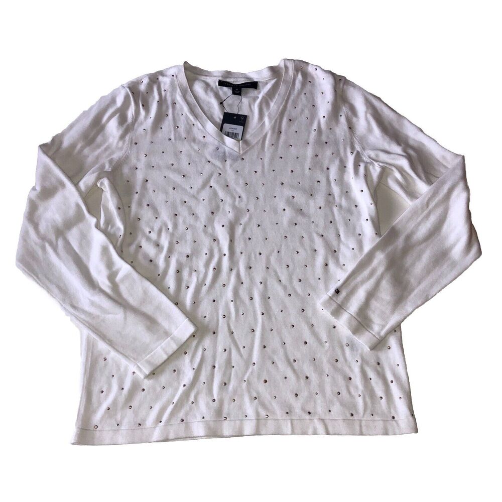 Tommy Hilfiger Women's Ivory Embellished V-Neck Sweater Size Medium NWT